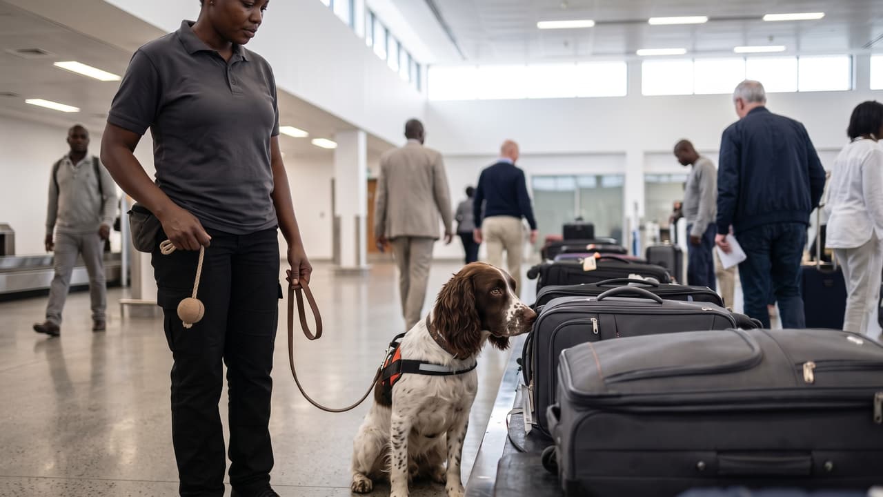 A springer spaniel sits to indicate a suitcase in an airport baggage hall while its handler gets ready to reward it.