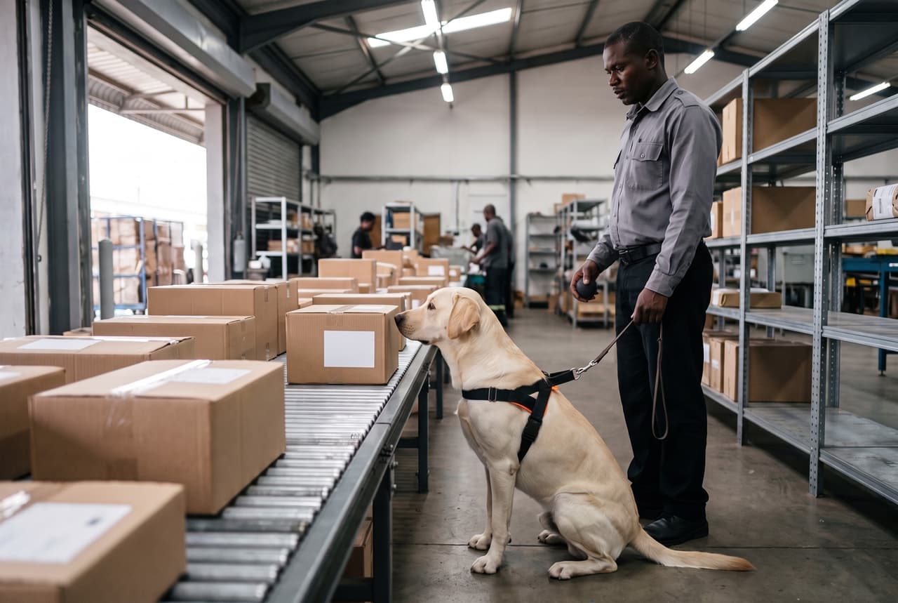 A working Labrador indicating a parcel on a conveyor in an express freight sorting hub, beside its handler.