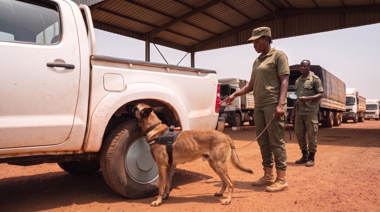 Vehicle search at a border post: a Malinois sniffs a wheel arch while its handler points to a seam.