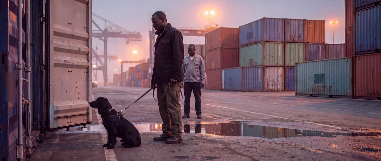 A black working cocker spaniel indicating on a container door in a port terminal at dusk, next to its handler.