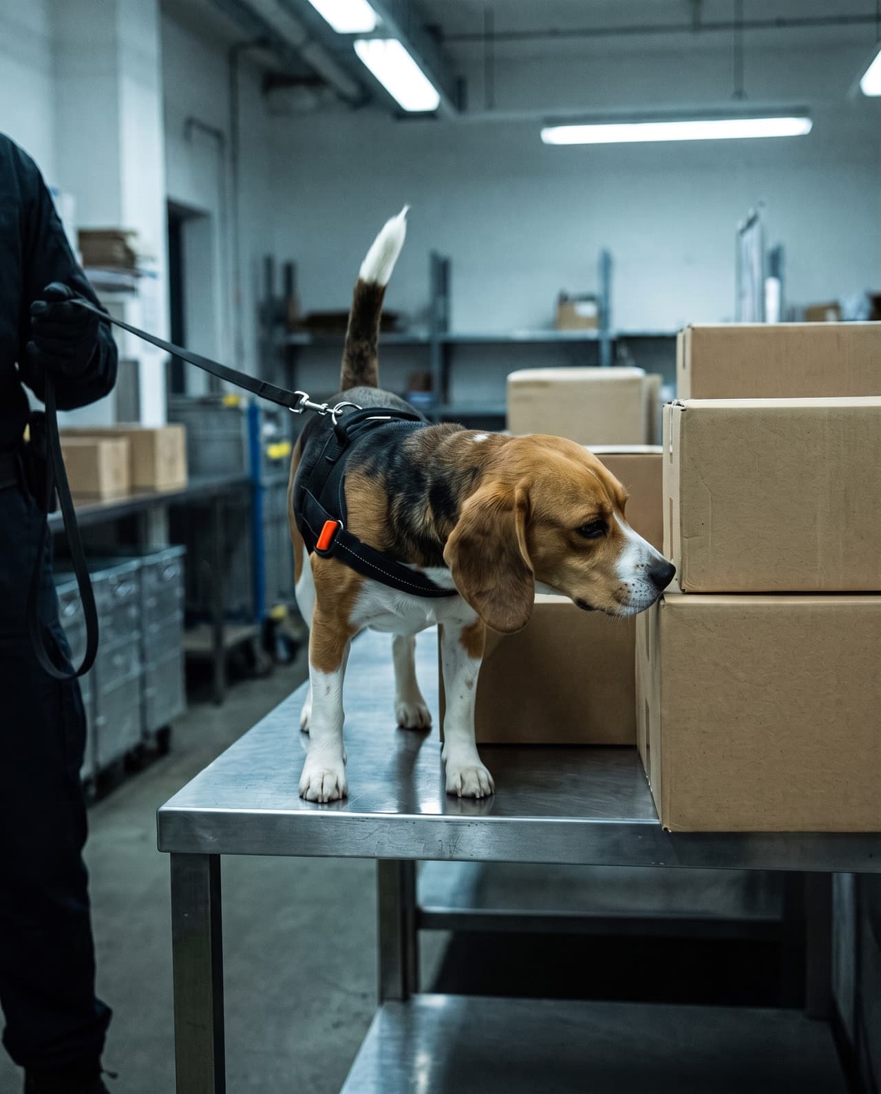 A tricolour Beagle inspecting a stack of parcels on a stainless steel table, on a leash held by its handler.