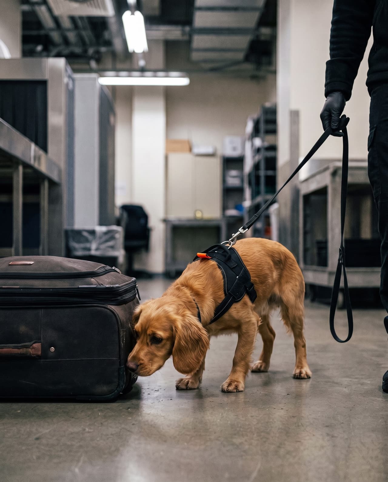 A working cocker spaniel sniffing the bottom of a suitcase in an airport screening area.