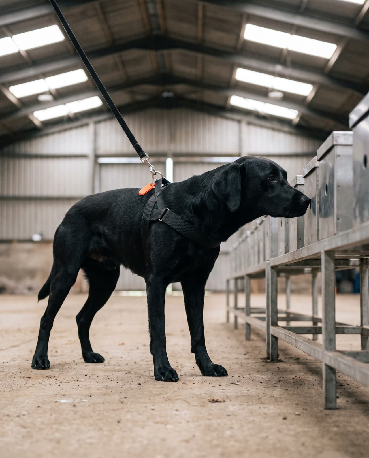 A black working Labrador sniffing the opening of a scent box in a training hangar.