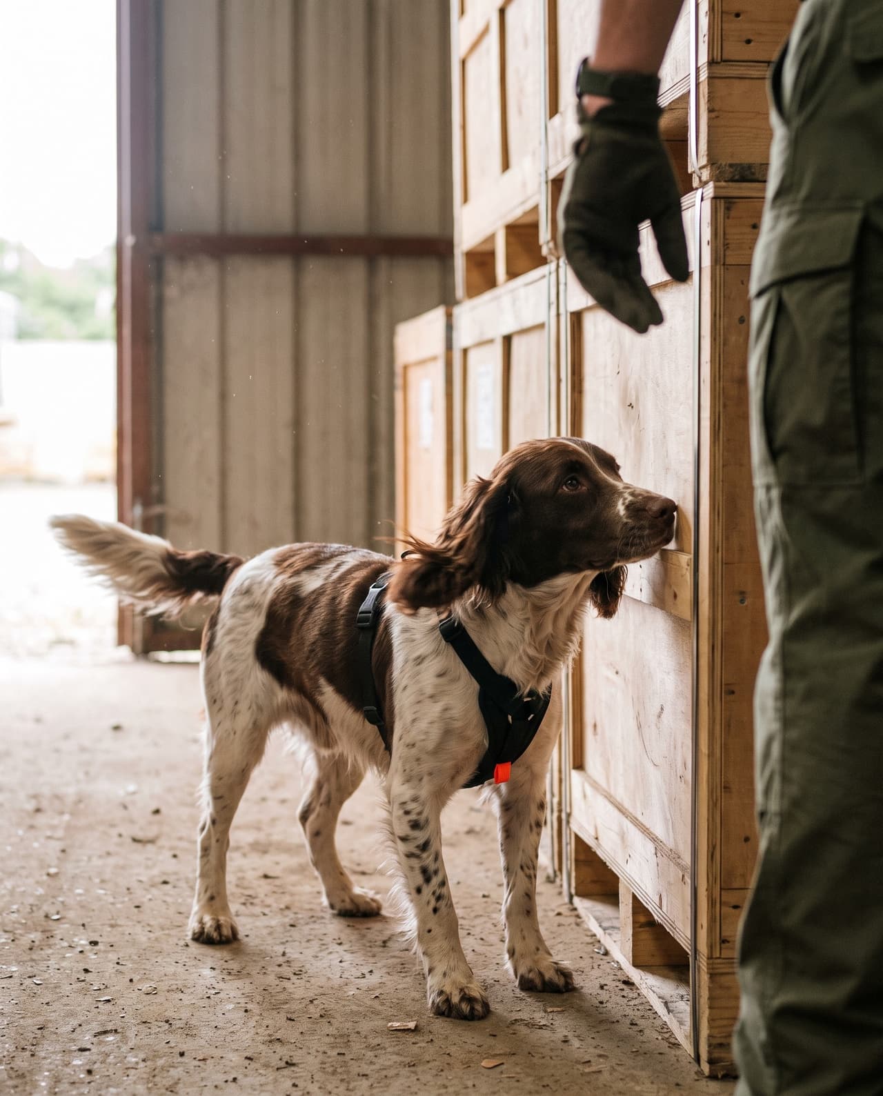 A working springer spaniel searching along wooden crates in a training warehouse.