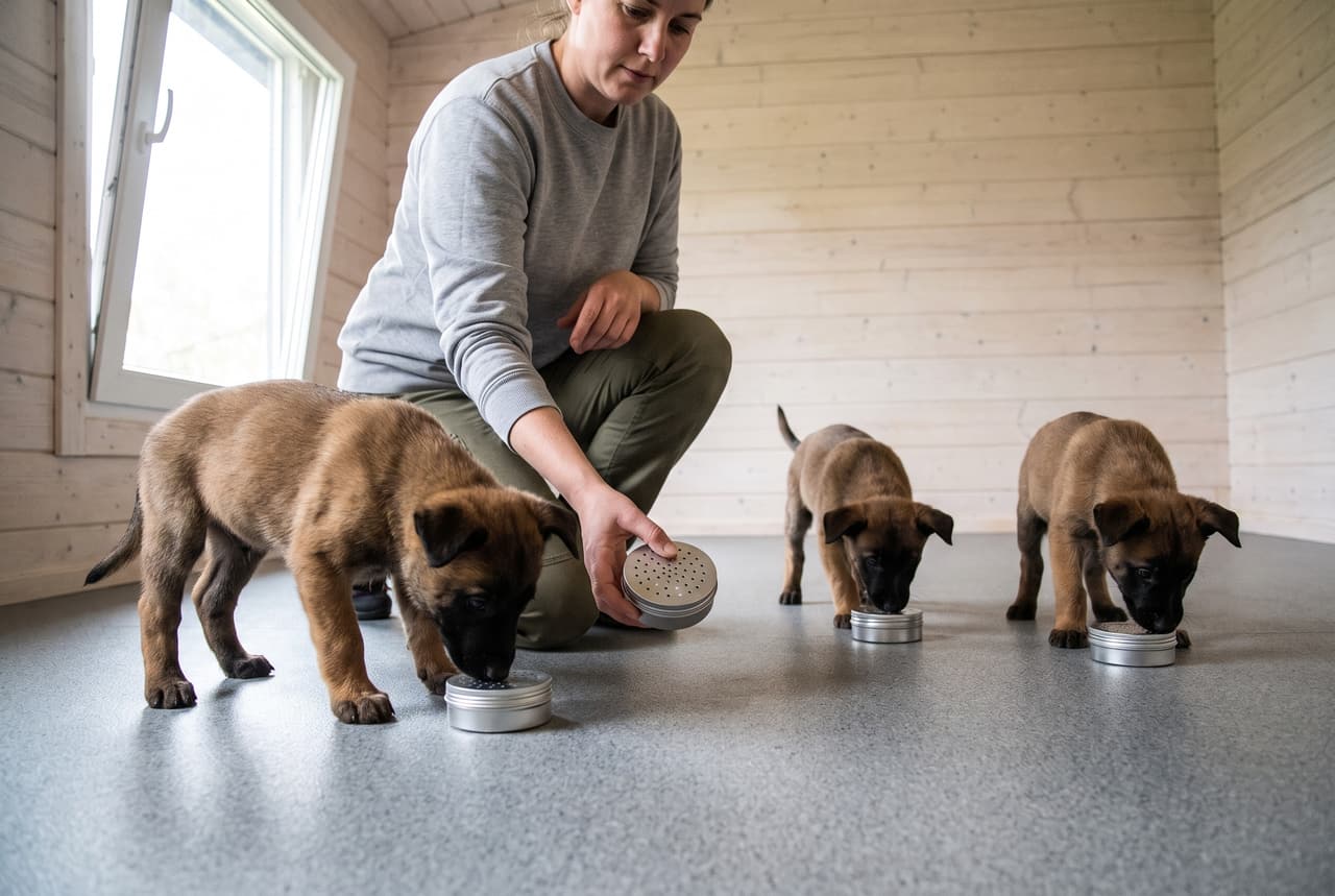 Scent imprinting: three Malinois puppies sniff perforated scent tins presented by the breeder.