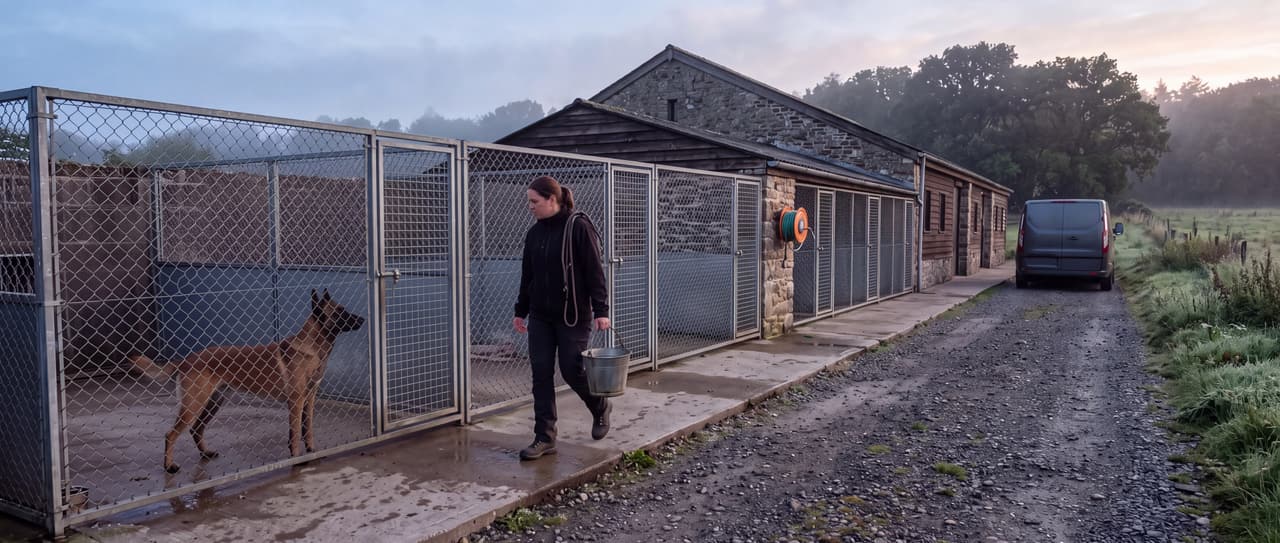 A working-dog kennel in the countryside at dawn; a staff member walks past the runs while a Malinois watches her.