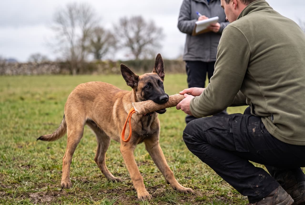 Temperament test of a young Malinois pulling on a jute tug held by a trainer, watched by an assessor.