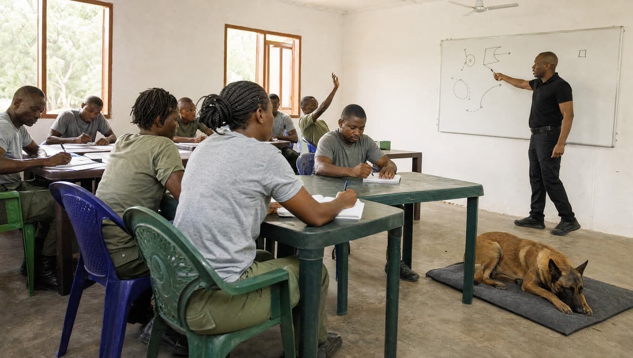 Classroom training for dog handlers, with a Malinois lying at the trainer's feet.