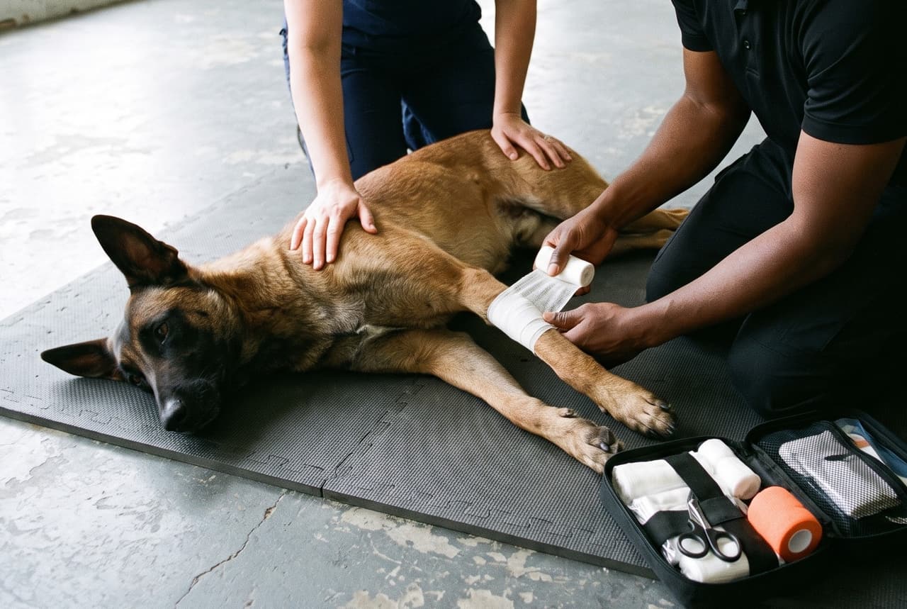 Canine first aid training: a trainee wraps a bandage around the foreleg of a Malinois lying down, held calmly by an instructor, with the first aid kit open beside them.