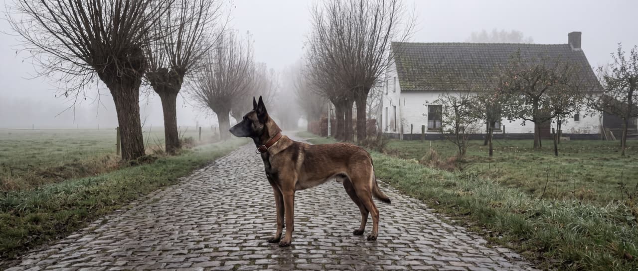 A Belgian Malinois on a cobbled lane lined with pollarded willows in the misty Belgian countryside.