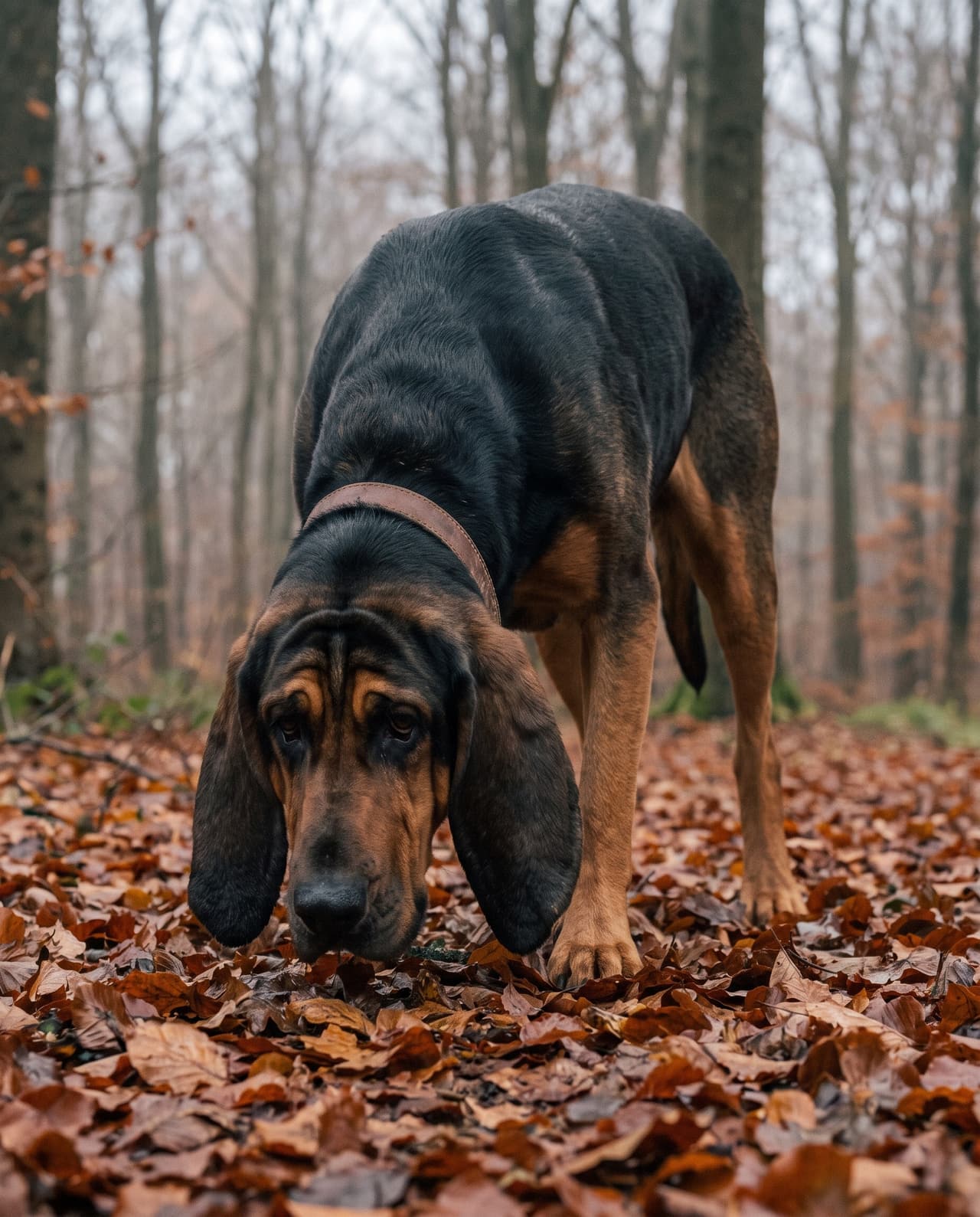 A Bloodhound sniffing fallen leaves in a beech forest in the Belgian Ardennes.