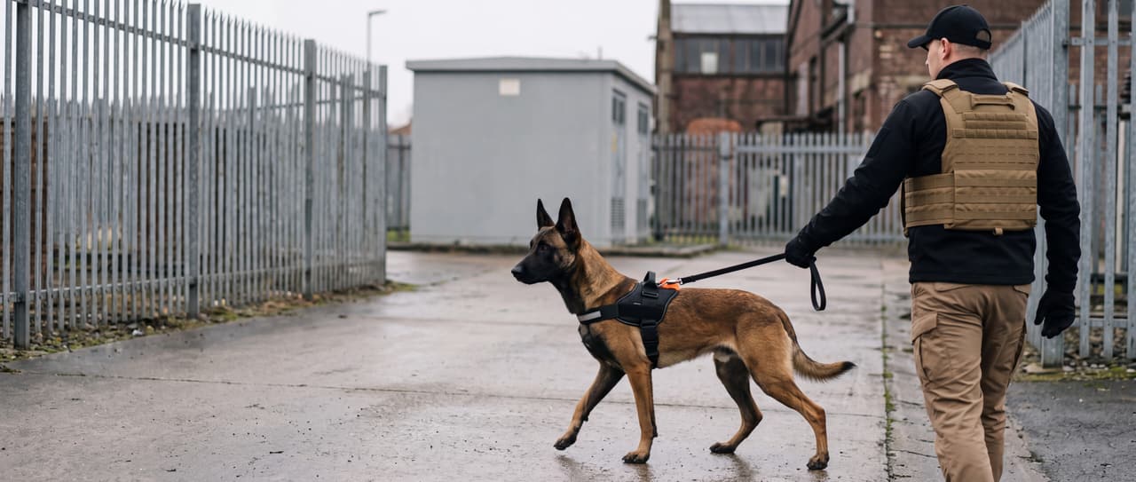 A Belgian Malinois in a working harness moves forward at heel, head up and alert, on the concrete access road of a secured industrial site; its handler in a tan tactical vest keeps it on a short leash.