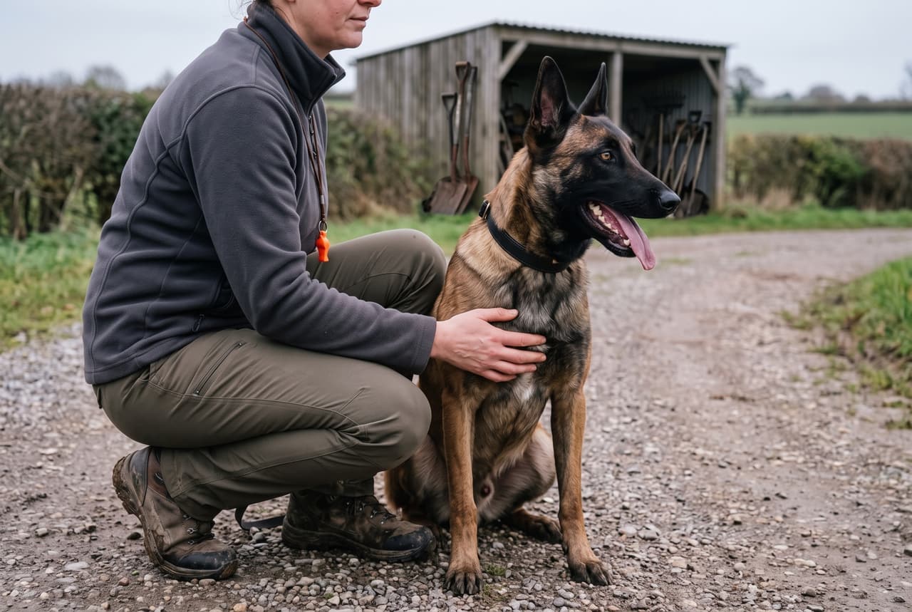 A handler crouching with her hand on the chest of a Malinois sitting beside her on a gravel path after a training session.