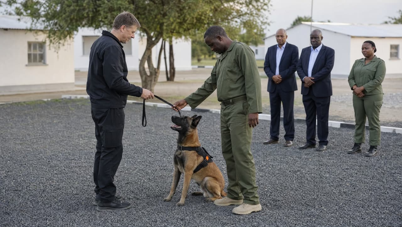 Remise d'un malinois à son nouveau maître-chien, en présence de responsables de l'institution.