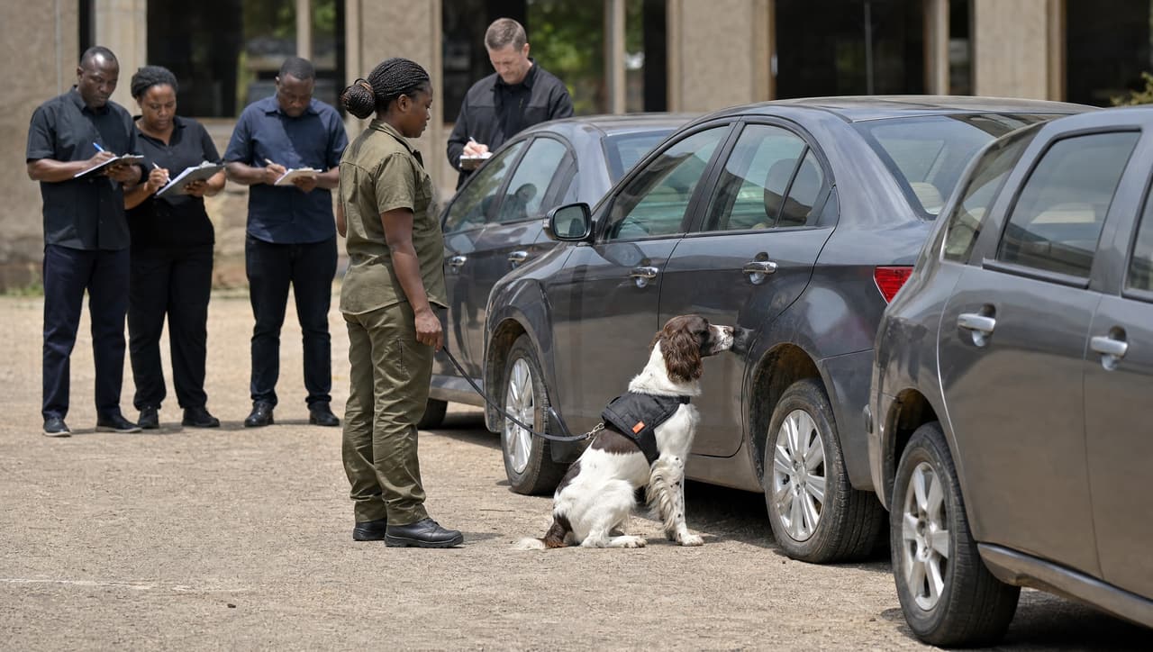 Test de validation : un springer spaniel marque un véhicule devant un comité d'évaluation qui prend des notes.