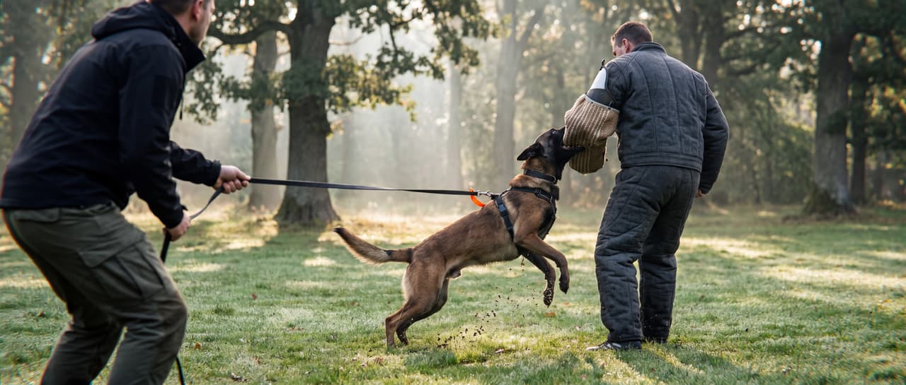 Bite work training: a Malinois grips the sleeve of a decoy in a protective suit, under the control of its handler.