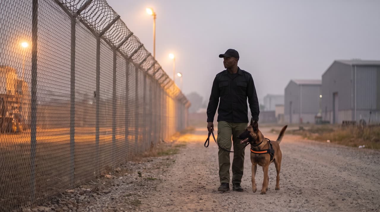 A dog handler and his Malinois walking along the perimeter fence of an industrial site at dusk.