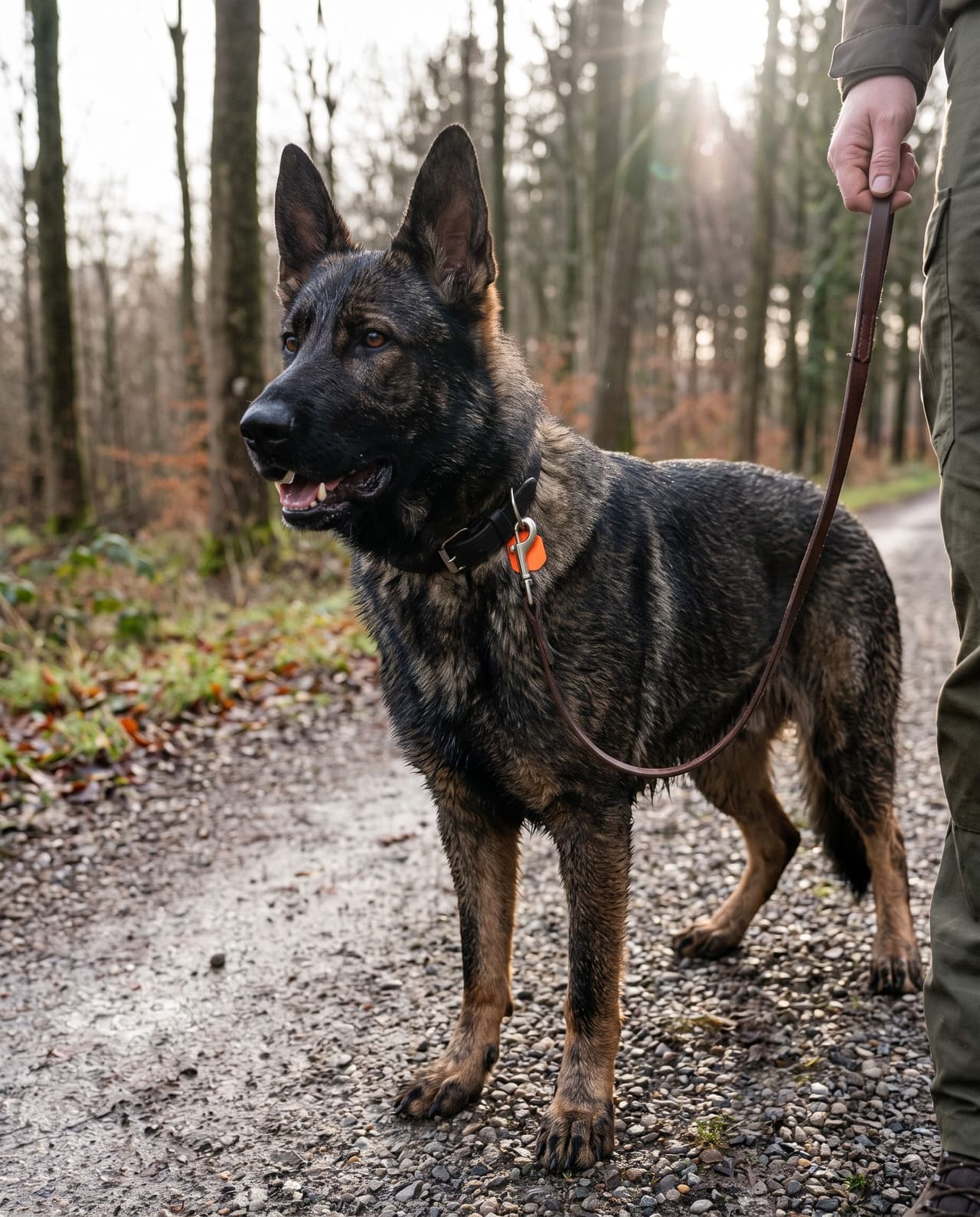 Working portrait of a working-line German Shepherd with a dark sable coat, on a leash on a forest path.