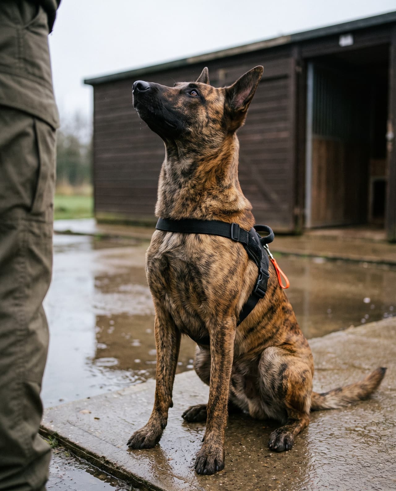 Working portrait of a brindle Dutch Shepherd sitting at heel and looking up at its handler.