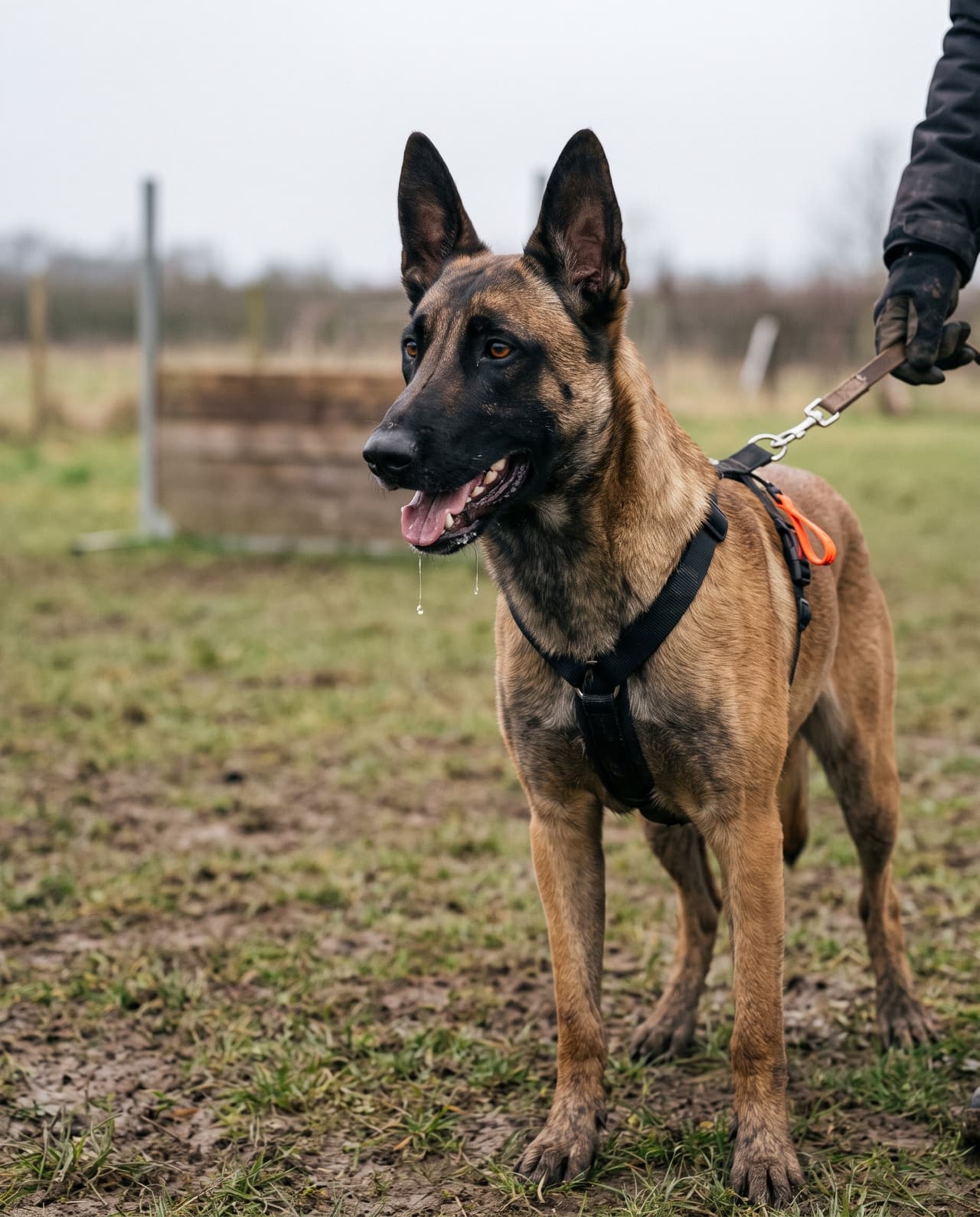 Working portrait of a Belgian Malinois with a focused gaze on a muddy training field.
