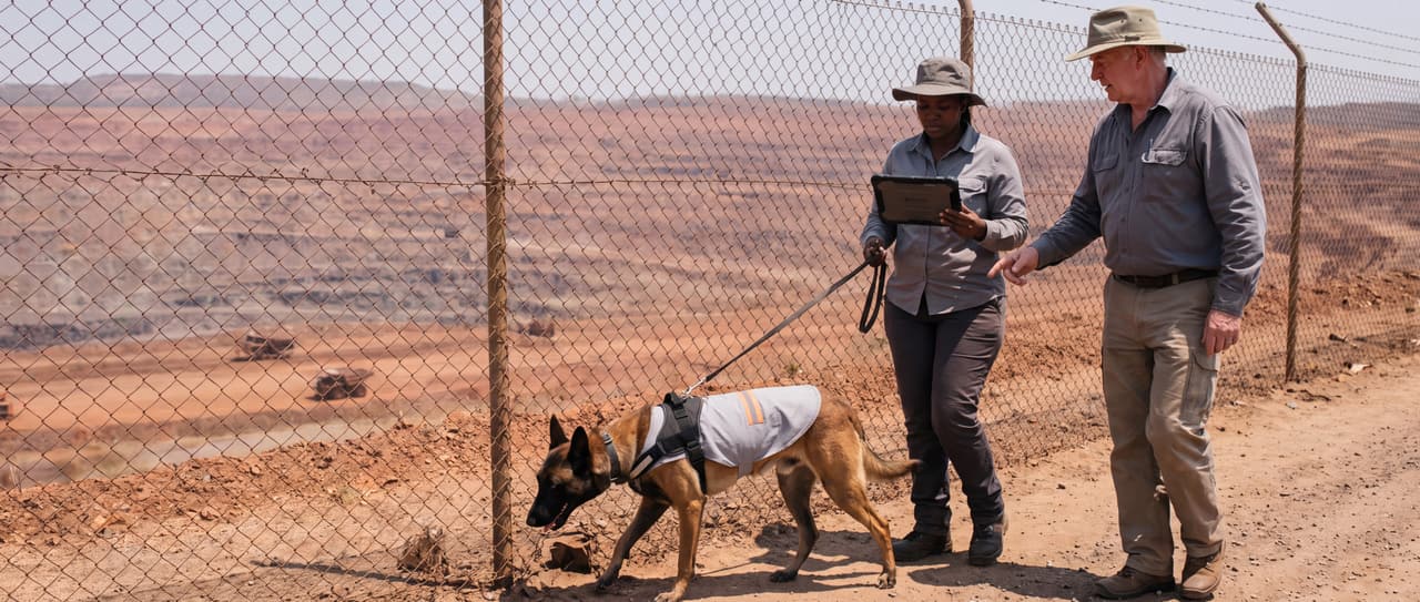 Analyse de risque sur le périmètre d'une mine à ciel ouvert : deux consultants et un malinois examinent une brèche sous la clôture.