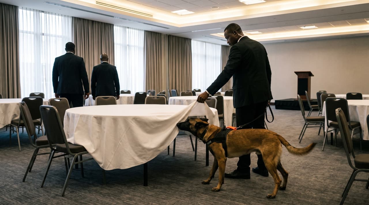 Sécurisation d'une salle de conférence avant un événement officiel : un malinois inspecte le dessous d'une table.