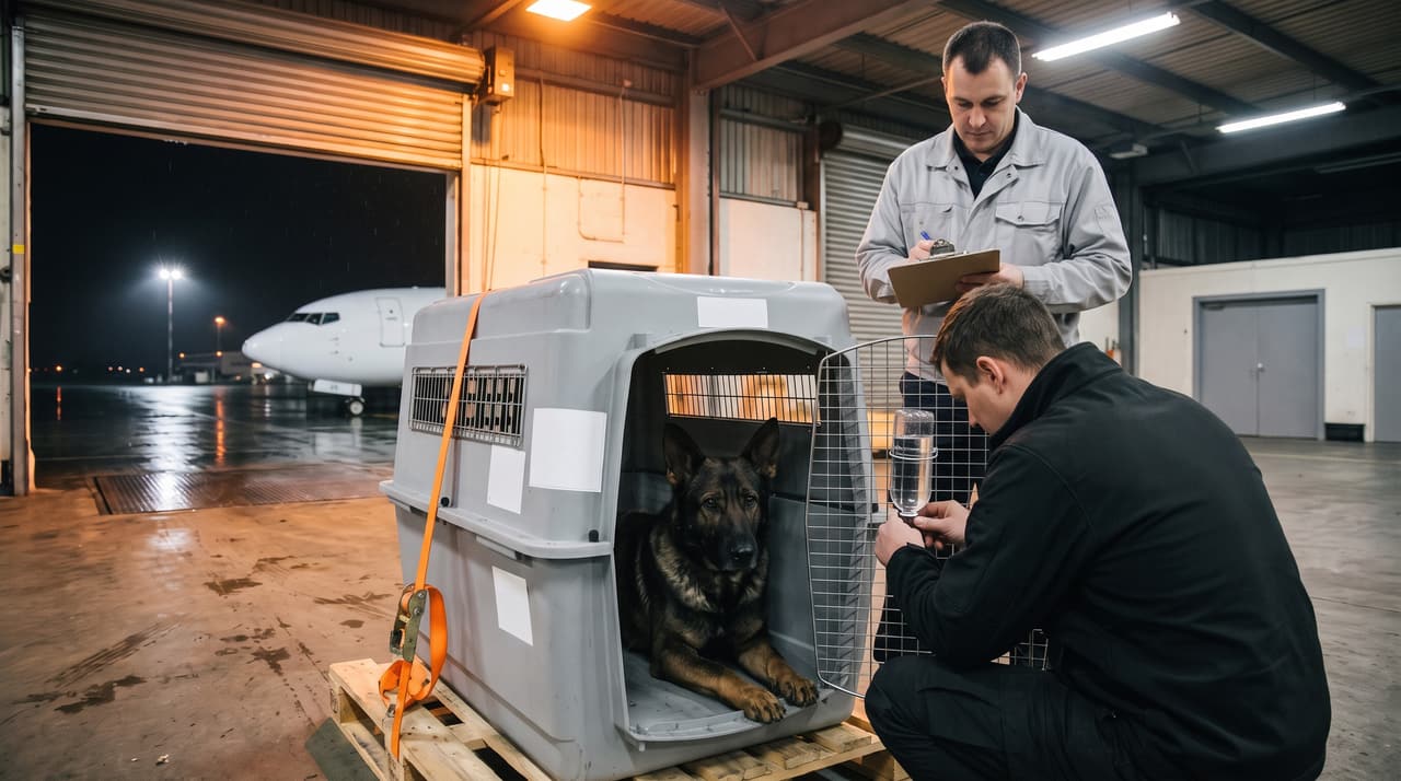 Un berger allemand couché dans sa cage de transport dans la zone fret d'un aéroport, avant le départ.