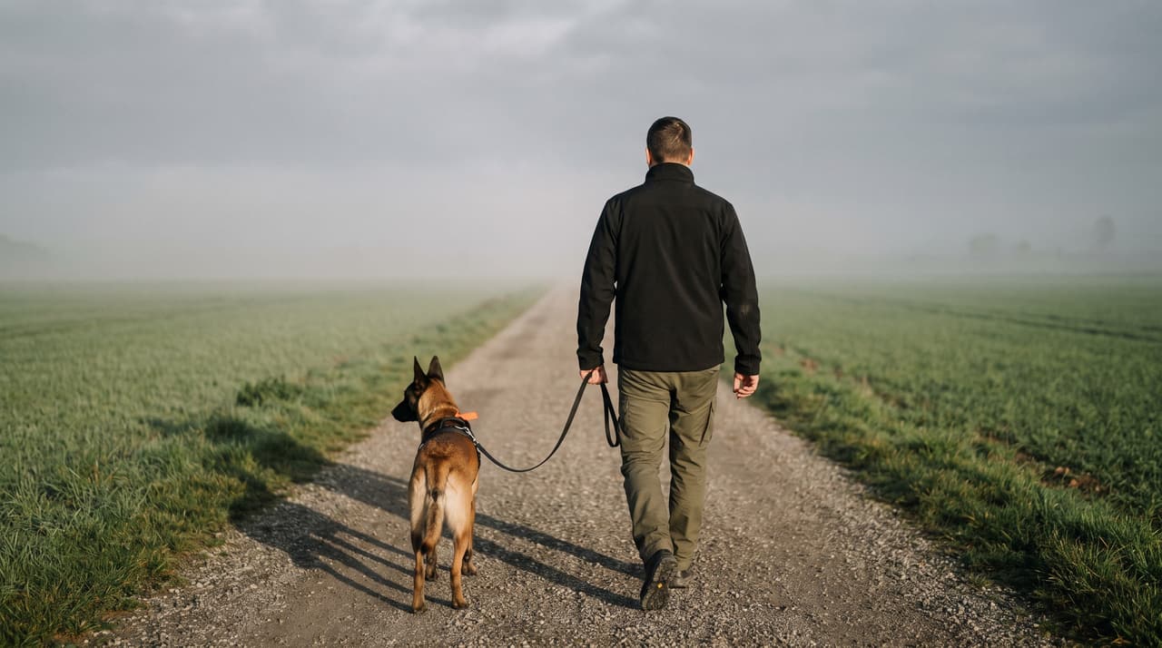 A handler and his Malinois walking away along a misty country path at sunrise.