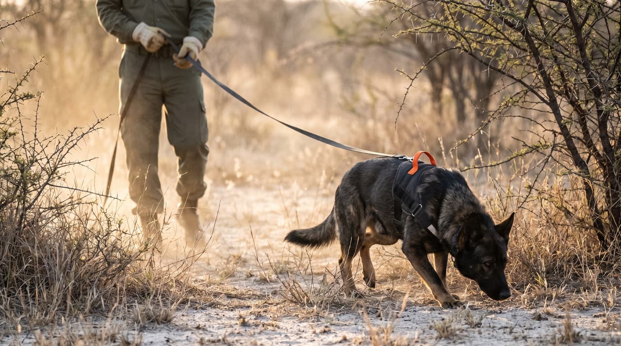 Un berger allemand suit une piste dans la savane sur une longe tenue par un ranger.